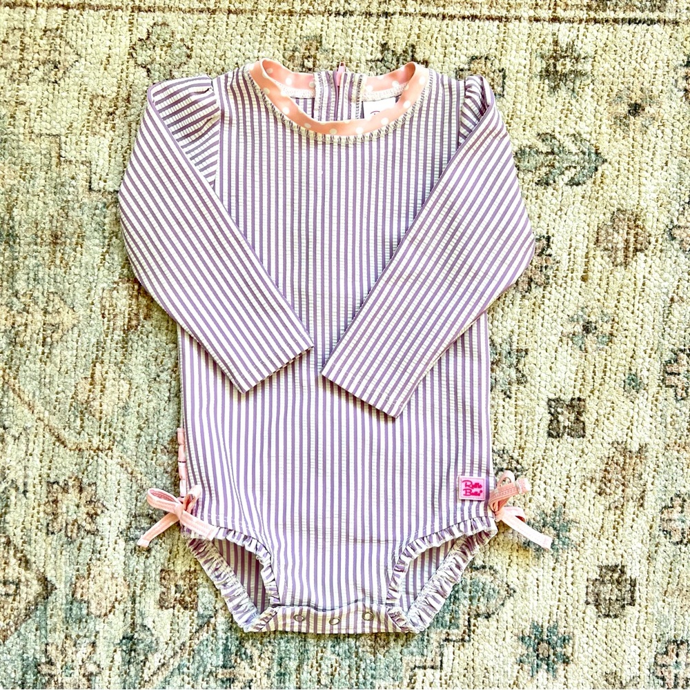 NWOT! RuffleButts Toddler Girls Lilac Seersucker Long Sleeve Swimsuit, 18-24m